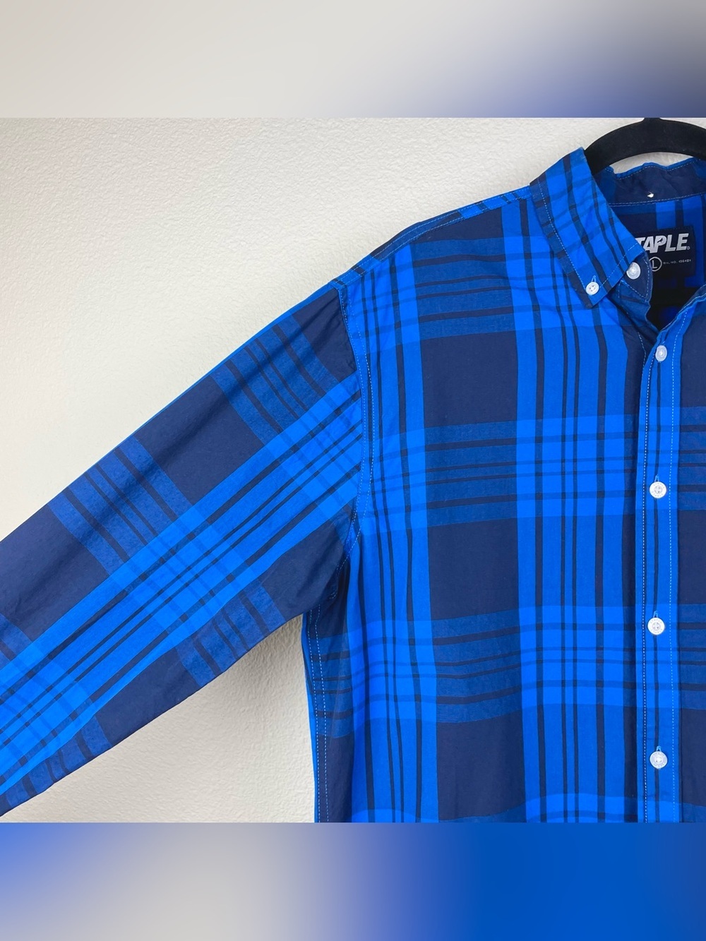 Staple Pigeon Men's Large Blue Plaid Long Sleeve Button Down Collared Shirt - Picture 9 of 16